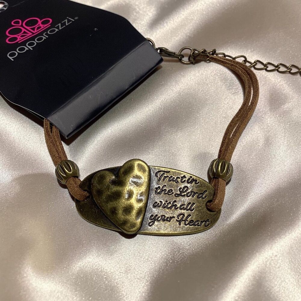 Paparazzi Trust in the Lord Heart Brass Brown Suede Wrap Bracelet Religious